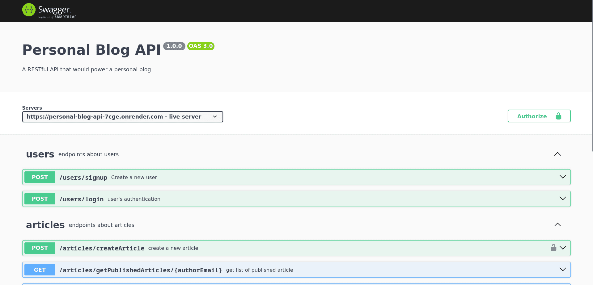 Aperçu de Personal Blog API